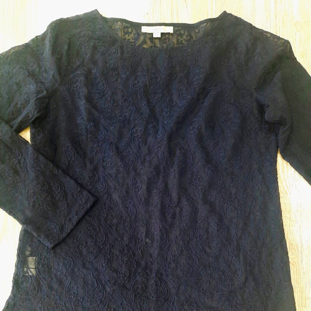 LOFT Blouse Long Sleeve Semi Sheer Lace Navy Blue Size Medium